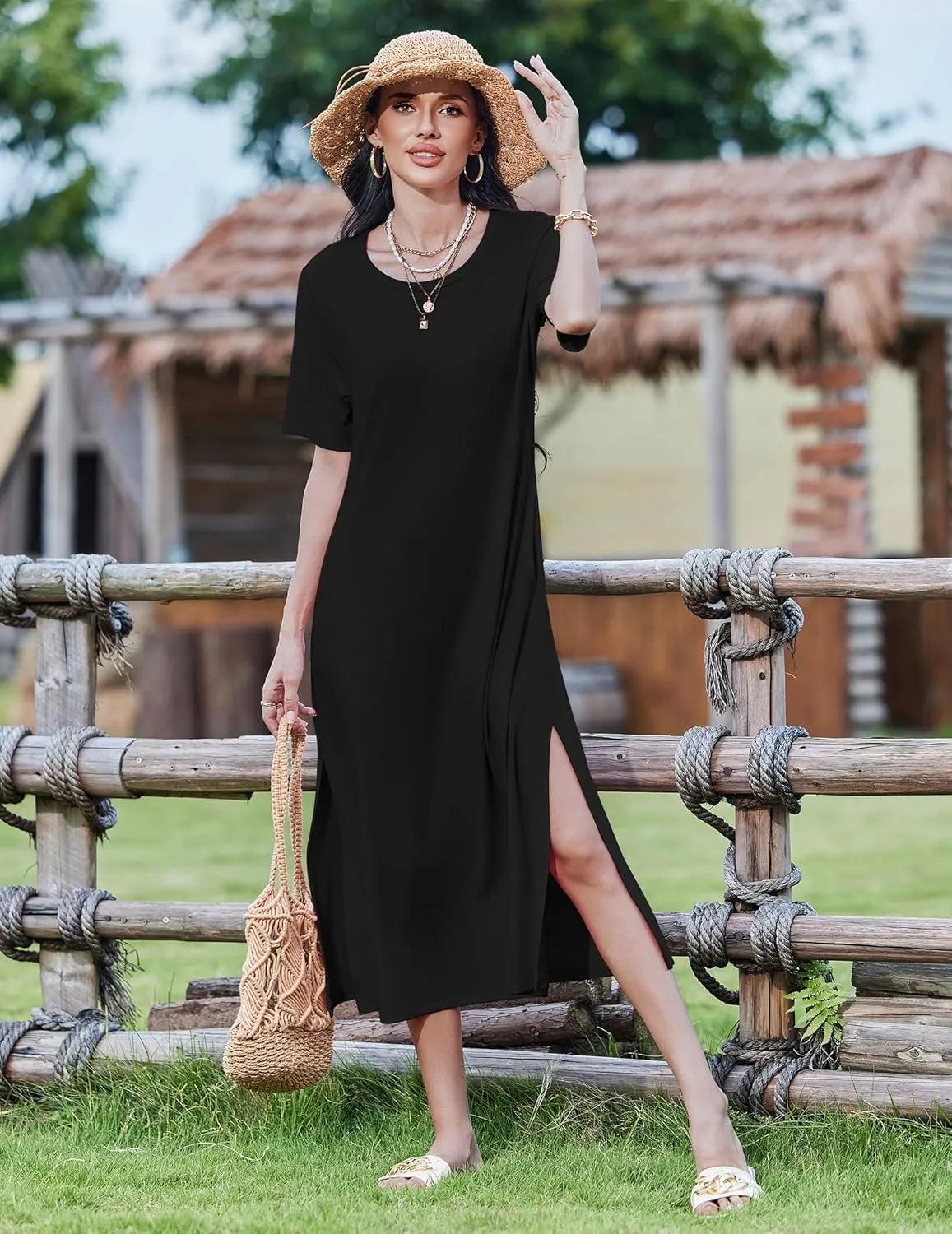 Zeagoo Women Floral Summer Dress Casual Beach Dress Printed T Shirt Dress Split Long Dress Travel 2025 Vacation Dress