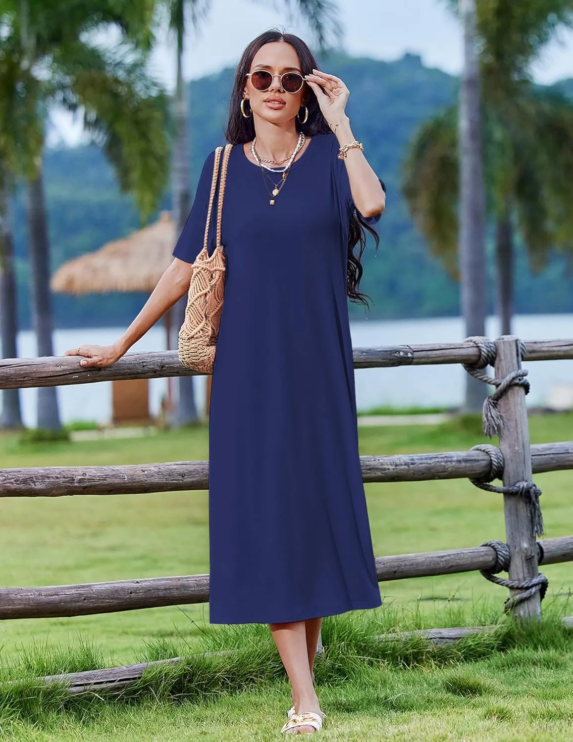 Zeagoo Women Floral Summer Dress Casual Beach Dress Printed T Shirt Dress Split Long Dress Travel 2025 Vacation Dress