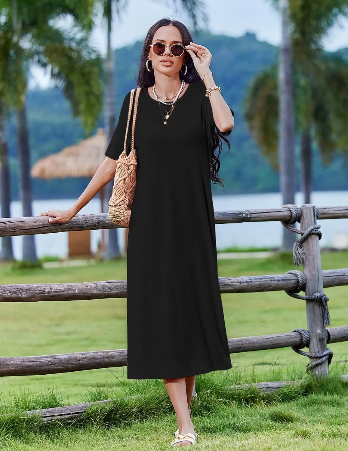 Zeagoo Women Floral Summer Dress Casual Beach Dress Printed T Shirt Dress Split Long Dress Travel 2025 Vacation Dress