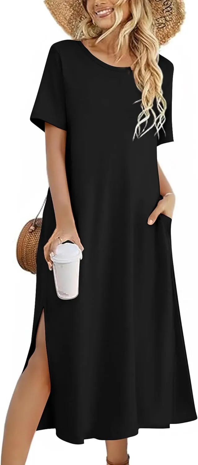 Zeagoo Women Floral Summer Dress Casual Beach Dress Printed T Shirt Dress Split Long Dress Travel 2025 Vacation Dress