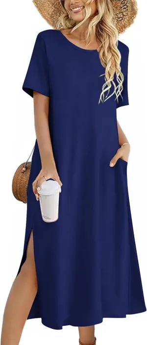 Zeagoo Women Floral Summer Dress Casual Beach Dress Printed T Shirt Dress Split Long Dress Travel 2025 Vacation Dress