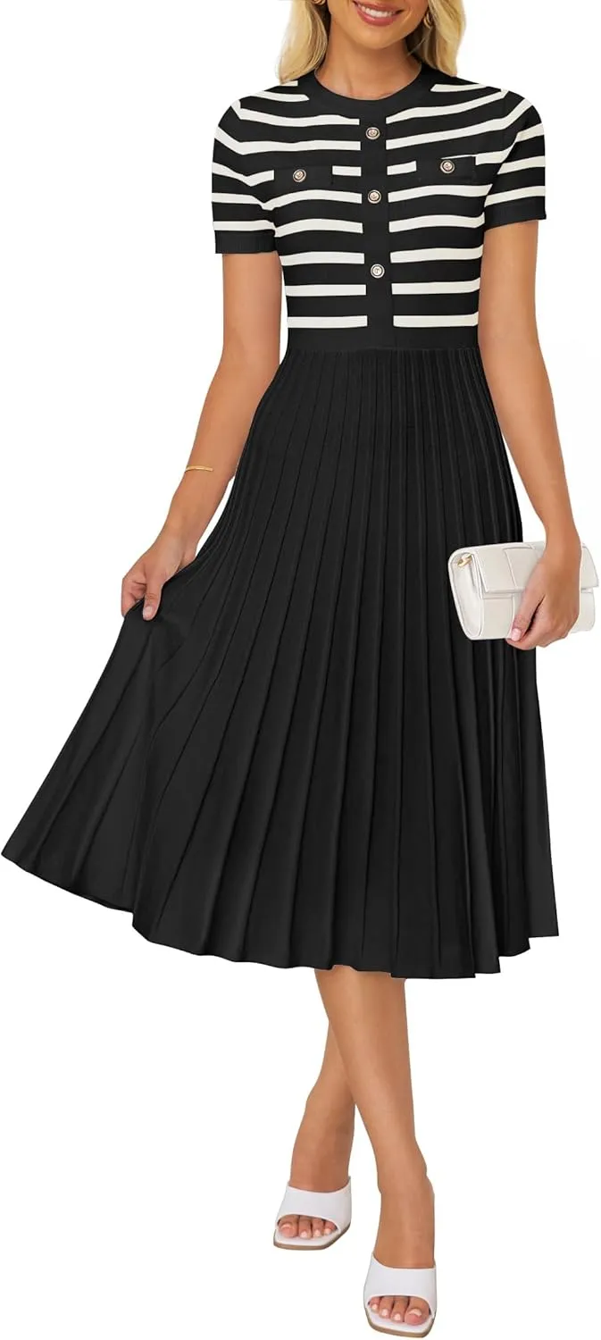 ZESICA Women's 2025 Casual Striped Midi Dress Crewneck Short Sleeve Button Ribbed Knit Swing Pleated A Line Dresses